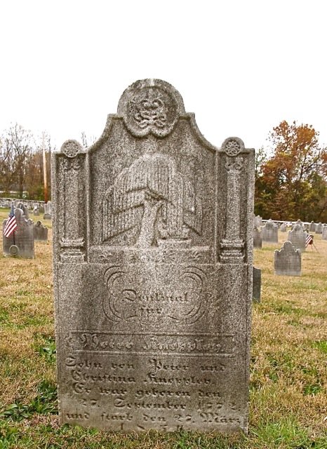 ILL. 3: Peter Kneppley (1772-1854) grave marker at Friedens Church. Courtesy of Friedens Evangelical Lutheran Church of Friedensville, Pa.