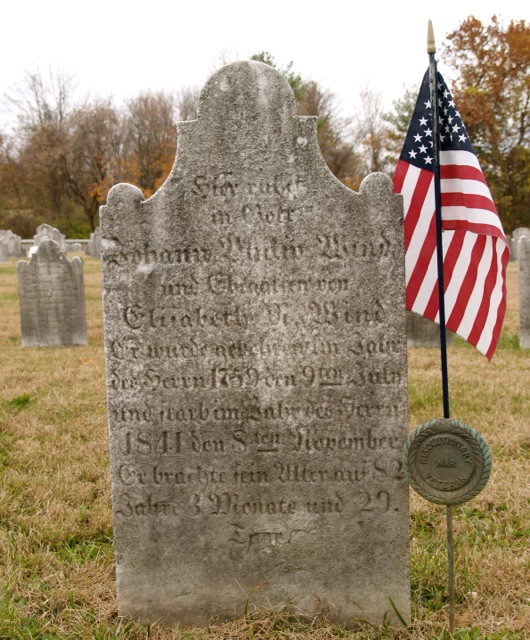 ILL. 4: Johann Philip Wind (1759-1841) tombstone at Friedens Church. Courtesy of Friedens Evangelical Lutheran Church of Friedensville, Pa.