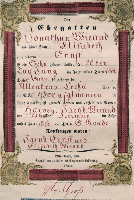 ILL. 2b Harvey Jacob Taufschein Close-up, infilled by William Gross ca. 1864. Allentown Art Museum, Gift of Mr. and Mrs. Arnold Kaplan, 2009 (2009.06.28). Photo Image © Del-Louise Moyer