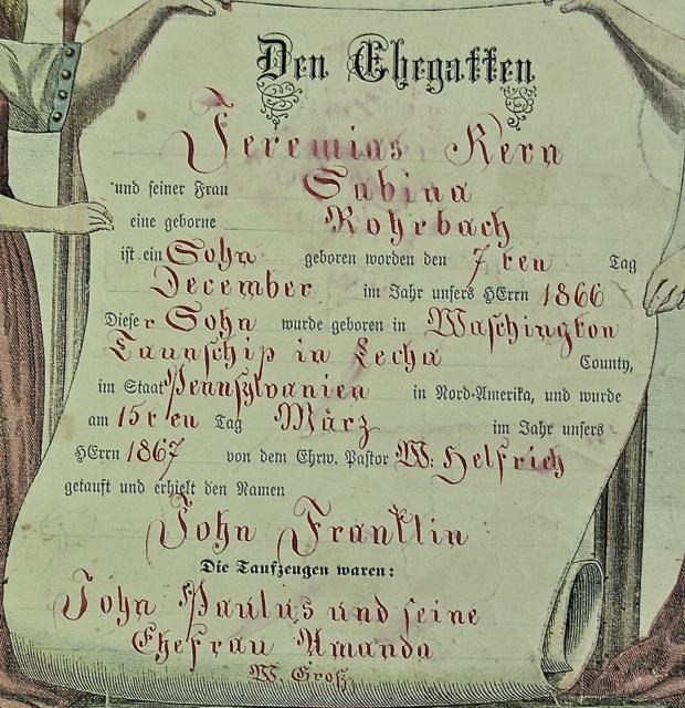 ILL. 3 John Franklin Kern Taufschein Close-up, infilled by William Grosz ca. 1867. Allentown Art Museum, Gift of Mr. and Mrs. Arnold Kaplan, 2009 (2009.006.074). Photo Image © Del-Louise Moyer
