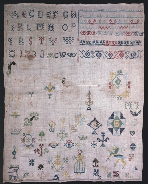 ILL. 2 . (ACWW) Sampler: 1733. Brought by Schwenkfelder Anna Wagner from Saxony to Montgomery County in 1737. Courtesy of Mr. and Mrs. James Oberholtzer in Tandy and Charles Hersh. Samplers of the Pennsylvania Germans, 1991, 49.