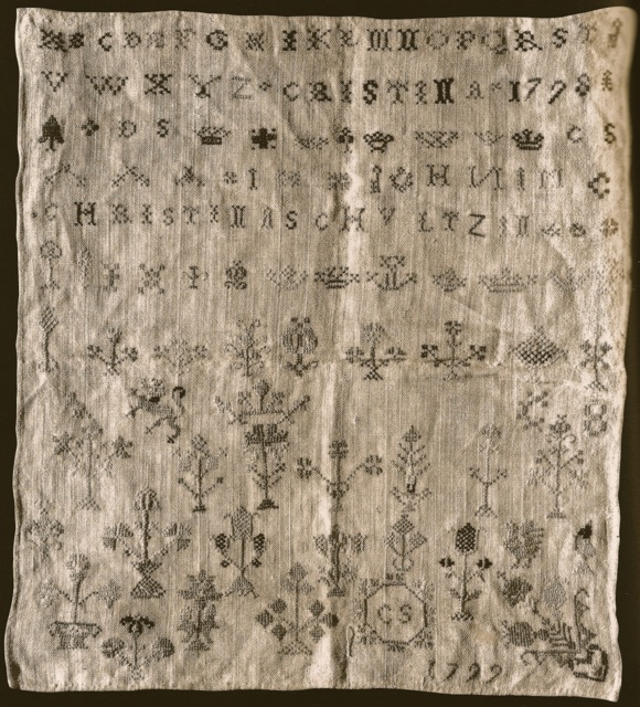 ILL. 4a . Christina Schultz Sampler: 1798. Courtesy of Schwenkfelder Heritage Center in Tandy and Charles Hersh. Samplers of the Pennsylvania Germans, 1991, 138.