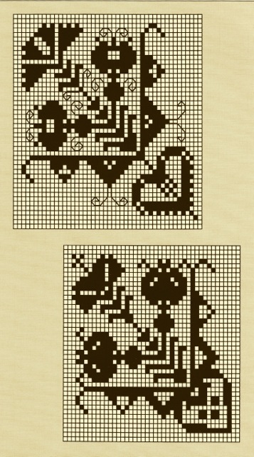 ILL. 5 . Diagram of Corner Motifs as found (upper example) on a Swiss or German Sampler at the St. Gallen Swiss Textilmuseum, Inv. No. 20046, and (bottom example) on Christina Wagner’s, two nieces Maria and Christina Schultz’s and her cousin Regina Hübner’s samplers in Tandy and Charles Hersh. Samplers of the Pennsylvania Germans, 1991, 115.