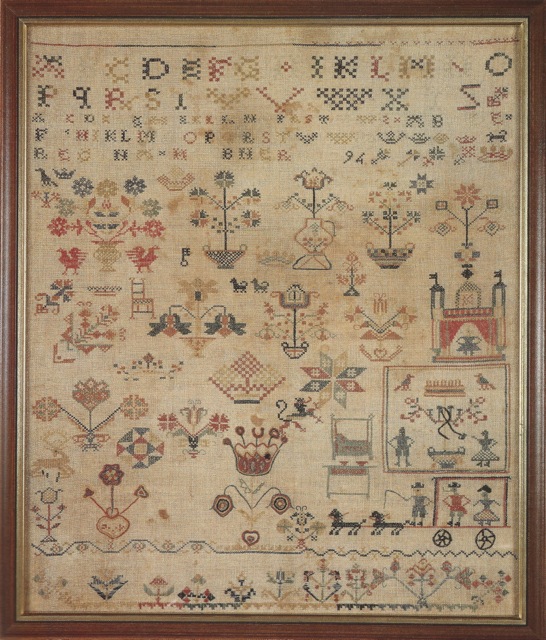 ILL. 6 . Regina Hübner Sampler: 1794. Courtesy of Schwenkfelder Heritage Center in Tandy and Charles Hersh. Samplers of the Pennsylvania Germans, 1991, 55.