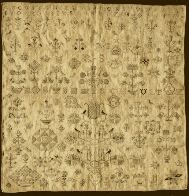 ILL. 7 . Rosina Schultz Sampler: 1809. Courtesy of Schwenkfelder Heritage Center in Tandy and Charles Hersh. Samplers of the Pennsylvania Germans, 1991, 119.