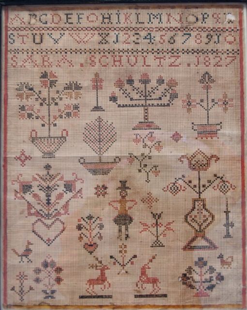 ILL. 8 . Sara Schultz Sampler on hand-drawn lined paper: 1827. Courtesy of Reading Public Museum. Photo image © Del-Louise Moyer.