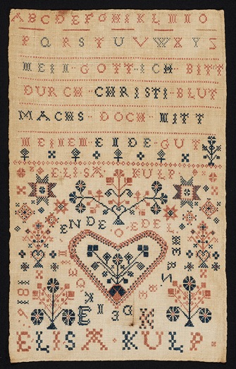 Fig. 9 Elisa Kulp 1816 Sampler, Private Collection, in Lisa Minardi. “A Colorful Folk: Pennsylvania Germans And The Art of Everyday Life,” incollect interiors + collections, Fig. 5. Photograph by Winterthur Museum, Garden & Library, Wilmington, DE, https://www.incollect.com/articles/a-colorful-folk-pennsylvania-germans-and-the-art-of-everyday-life