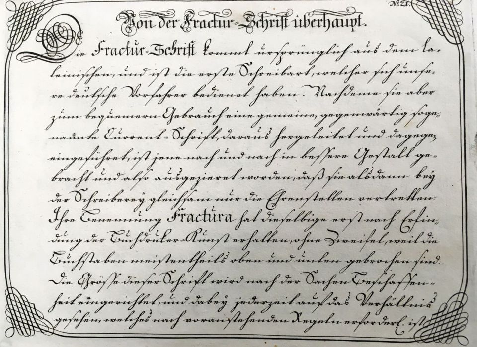 Fig. 4 Johann Michael Schirmer. “Von der Fractur=Schrift überhaupt” or “Concerning Fractur Script” in Geöfnete Schreib=Schule.... Copperplate 21. Courtesy of Winterthur Museum Library Collection of Printed Books and Periodicals, Wilmington, DE, Z43 S33.
