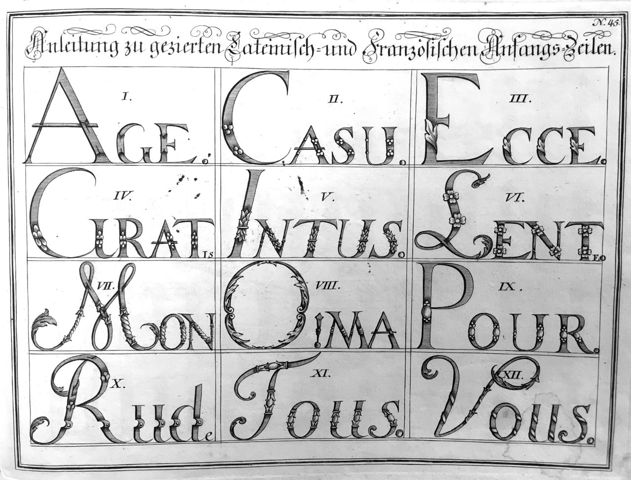 Fig. 6 Johann Michael Schirmer. “Anleitung zu gezierten Lateinisch=und Französischen Anfangs=Zeilen” or “How to Decorate Opening Lines Written in Latin and French” in Geöfnete Schreib=Schule.... Copperplate 45. Courtesy of Winterthur Museum Library Collection of Printed Books and Periodicals, Wilmington, DE, Z43 S33.