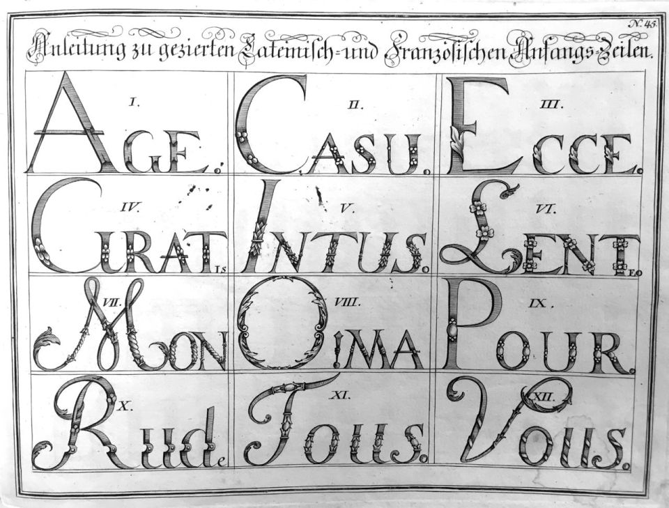 Fig. 6 Johann Michael Schirmer. “Anleitung zu gezierten Lateinisch=und Französischen Anfangs=Zeilen” or “How to Decorate Opening Lines Written in Latin and French” in Geöfnete Schreib=Schule.... Copperplate 45. Courtesy of Winterthur Museum Library Collection of Printed Books and Periodicals, Wilmington, DE, Z43 S33.