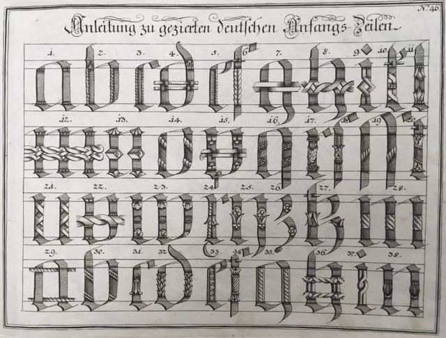 Fig. 7 Johann Michael Schirmer. “Anleitung zu gezierten deutschen Anfangs=Zeilen” or “How to Decorate Opening Lines Written in German” in Geöfnete Schreib=Schule.... Copperplate 46. Courtesy of Winterthur Museum Library Collection of Printed Books and Periodicals, Wilmington, DE, Z43 S33.