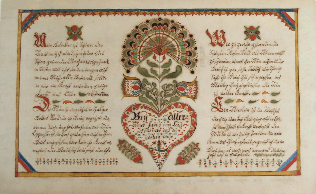 Fig. 4 “Ein Blümlein ist die Weisheit ...” by Susanna Hübner. New Years Day 1811 for her nephew Jacob Hübner. Courtesy of the Schwenkfelder Libary & Heritage Center. 1958.02.29. Photo by D L Moyer