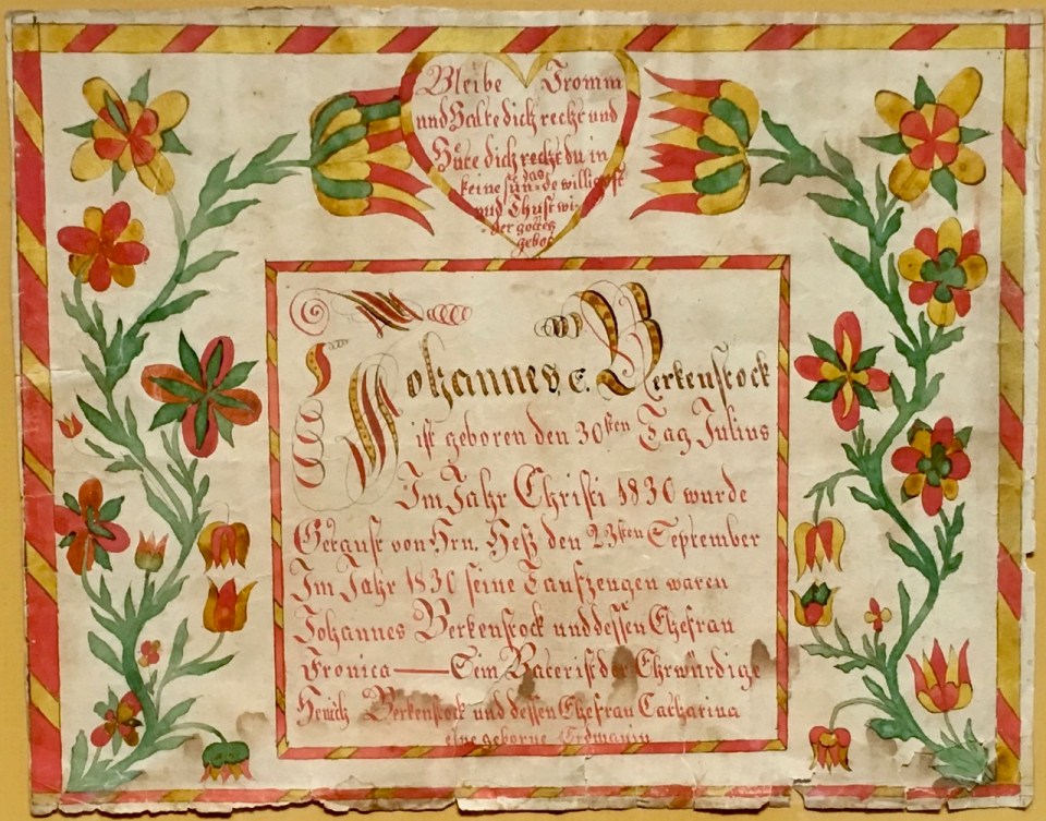 Fig. 1. Johannes E. Berkenstock Taufschein. July 30, 1830. Courtesy of David Tuttle.