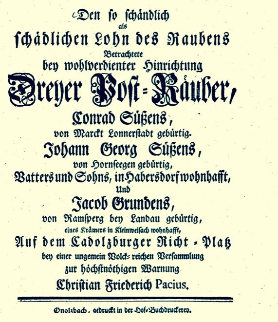 Fig. 5. Christian F. Pacius’ Gallows Sermon.   Printed by the Court Printer in Onolzbach, 1770.