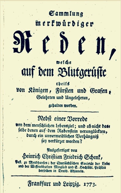 Fig. 6 C. F. Pacius Sermon in H. C. F. Schenk’s Collection  of Gallows Sermons, Printed in Frankfurt & Leipzig, 1773.